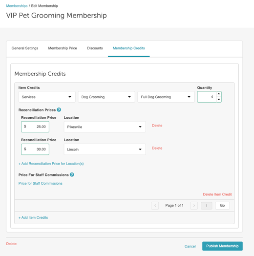 Membership Item Credit Screen - Define Member Benefits